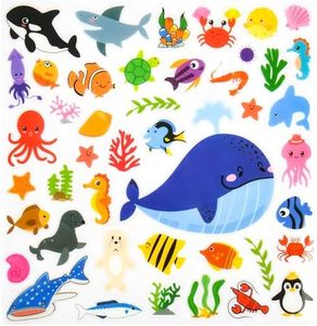 2 Sheets 9.8 x 9.8 Inches Thick Vinyl Gel Marine Animal Window Clings with 72 Reusable Ocean Creatures Stickers for Glass Bathroom Nursery Classroom and Under The Sea Party Decorations