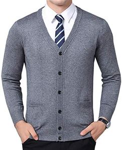 Flygo Mens Casual Slim Fit Lightweight Long Sleeve V-Neck Cardigan Sweater (Medium, Light Grey)