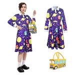 DJKFAEK Women Long Sleeve Peter Pan Collar Dress with School Bus Bag for Halloween Cosplay Party (Purple Planet, XL)