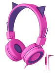 SIMJAR Cat Ear Kids Headphones with Microphone for School, Volume Limiter 85/94dB, Wired Girls Headphones with Foldable Design for Online Learning/Travel/Tablet/iPad (Purple)