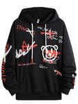 WDIRARA Men's Cartoon Letter Graphic Drawstring Hoodie Long Sleeve Pocket Sweatshirts, Black, X-Small