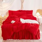 Fluffy red Comforter Cover Set Queen，Plush red Bedding Set 3 Pieces (1 Faux Fur Queen Duvet Cover +2 Fuzzy Pillowcases) red Fluffy Bed Set (red, Queen)