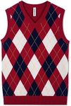 BOBOYOYO Boys Argyle Sweater Vest 100% Cotton V-Neck Vest Kids Uniform Sleeveless Sweaters for Children 5-12Y, Red & Navy, 7-8 Years