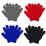 Winter kids Gloves Kids Knit Gloves Warm Stretchy Knitted Magic Gloves Full Fingers Gloves for Little Girls Boys Teens 6 to 12 Age, 4 Colors 4 Pairs