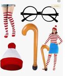 UFKKFUKH Wally Costume Set for Adult Kids, Red and White Striped Accessories Set, Character Cosplay Costume Book Week Fancy Dress, Beanie Hat Scarf for World Book Day Dress Up