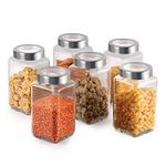 CELLO Qube Fresh Glass Storage Jar | Container with Air tight Silver Metal Lid | Multipurpose Jar | For Storage of Food, Pulses, Spice, Cereals, Cookies, Dry Food | Set of 6, 1000ml, Clear