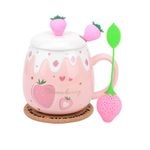 Pink Mug, Cute Strawberry Cup with Cover Spoon, Ceramic Coffee Mug with coaster, tea infuser, Kawaii Cup for Tea Milk, Women Girls Student Korean Style 450ML Christmas Birthday Gift (Big)