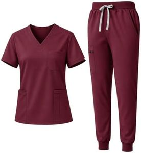 Eadflie Scrubs for Women Set - 8-Pocket V-Neck Scrub Uniform, Stretch Jogger Pants, Medical Workwear for Nurses, Pet Care (Burgundy Red/L)