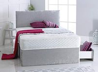 Crushed Velvet Divan Bed | Memory Foam Spring Mattress | Matching Plain Headboard (Silver, 4FT6-0 Drawer)