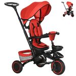 Aosom 6-in-1 Toddler Tricycle for 12-50 Months, Foldable Kids Trike with Adjustable Seat and Push Handle, Safety Harness, Removable Canopy, Footrest, Red