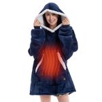 CAIYZH USB Heated Wearable Blanket Electric Hooded Blanket With 3 Heating Levels, Fleece Wearable Fluffy Hooded Blanket Warm Throw Blanket Sweatshirt Robe For Adults(Navy Blue,Built-in Button)