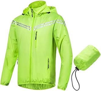 CREATMO US Men's Packable Waterproof Running Rain Coats Reflective Cycling Jacket Windbreaker With Removable Hood, Fluorescent Yellow, X-Large
