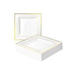 MATANA 60 Premium Square White Plastic Dessert Plates with Gold Rim, 16.5cm / 6.5 Inch - Reusable Small Side Plates, Starter Plates for Weddings, Birthdays, Picnic, BBQ, Parties