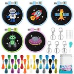 WATINC 9PCS Embroidery Cross Stitch Kits for Kids, Space Pattern Embroidery Beginners Set Stamped Cross Stitch Sewing Kit with Needle Point Keyrings, Starter Kit Sewing Set with Instructions