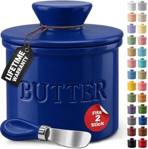 Priority Chef Large Butter Crock with Lid with Water Line, Ceramic French Butter Dish to Leave On Counter, Dark Blue