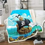 Kids Cartoon Pirate Ship Sherpa Throw Blanket Nautical Treasure Throw Blankets for Couch, Sofa Bed Living Room Hunting Skull Flag Flannel Throw Bed Throws Queen(90"x90")