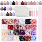 JUSTOTRY 24 Packs (576 PCS) Gel Almond Press on Nails Short,Multi Colour Glitter Oval False Nails with Glue and Nail File,Glossy Stick on Nails Short with Tape for Women,Fake Nails French for Nail Art