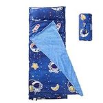 NapCure Toddler Nap Mat with Removable Pillow and Minky Blanket,Soft Rolled Napping Mats for Boys and Girls,Lightweight Daycare,Preschool,Travel Toddler Sleeping Slumber Bags -50"×20”(Space)