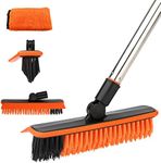 Homilifibra 2 in 1 Floor Scrub Brush Grout with 57.8'' Long Handle,120°Rotatable Shower Tile Scrubber,Kitchen Bathroom Crevice Squeegee,V-Shaped Corner for Hard to Reach Areas Black&Orange