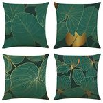 NIULAA Cushion Covers 45 x 45 Set of 4 Dark Green and Gold Leaf Cushion Cover 18x18 Living Room Linen Sofa Cushions Luxury Pillow Cases for Outdoor Garden