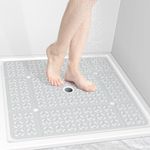 OTHWAY Square Shower Mat, 27"*27"Extra Large Anti Slip Shower Mat, Machine Washable Shower Mat with Drain Holes in Middle, TPE Grey Bath Tub Mat for Elderly Kids Toddlers Bathroom(W-Grey)