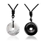 Jovivi 2pcs Circle Donut Healing Crystals Necklace Natural White Turquoise Black Obsidian Gemstone Amulet Lucky Coin Donuts Protection Reiki Chakra Stone Pendant Necklace for Couples Lovers Gifts