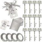 WODEGIFT 100PCS Key Bottle Opener Wedding Favor With Escort Card Tag and Key Chains Vintage Bridal Shower Favors Bottle Opener for Guests(Silver)