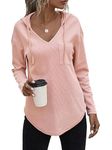 Eniloyal Hoodies for Women Waffle Long Sleeve Pullover Tops V Neck Fall Clothes Sweatshirts Trendy Sweater with Pockets Light Pink