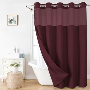 eachope Extra Long No Hooks Needed Linen Textured Shower Curtain with Snap-in Fabric Liner Set,White Hotel Luxury Decor Shower Curtains for Bathroom,Waterproof & Washable,71Wx86H,Burgundy