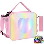 Girls Lunch Bag, Pink Cute Tote Lunch Bag with Adjustable Straps, Fashion Rainbow Glitter Portable Leakproof Lunch Bag, Cooler Bag with Insulated Waterproof Lining for Kids School Picnic Kindergarten