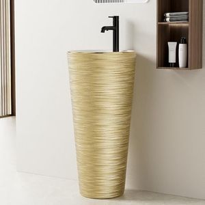 Simple Project One Piece Pedestal Sink 16" L X 16" W Round Pedestal Sinks For Bathrooms, Modern Single Faucet Hole Bathroom Pedestal Sinks With Overflow, Gold