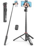 Aluminum Selfie Stick Phone Tripod, 360° Ball Head Tripod for iPhone with Cold Shoe, Extendable Smartphone Tripod Stand with Remote Portable Travel Tripod Compatible with iPhone 16/15/14/13/Android