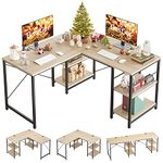 Bestier L Shaped Desk with Shelves 86.6 Inch Reversible Corner Computer Desk or 2 Person Long Table for Home Office Large Gaming Writing Storage Workstation P2 Board with 3 Cable Holes, Oak