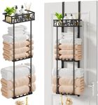 HapiRm Towel Rack Bathroom Storage - 3 Tier Over The Door Towel Rack with Metal Shelf Basket and 6 Hooks, Wall Mount Towel Holder, Rolled Towel Organizer for Small Bathroom (Black)