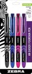 Zebra Pen Fountain Pen Set, Fine Point 0.6mm, Assorted Colors Non-Toxic Ink, Stainless Steel Nib, Disposable, 4-Pack (48304), Black, Pink, Purple, Blue