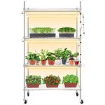 Monios-L Plant Stand with Grow Lights, 4-Tier Grow Shelf with lights for Indoor Plants, 6-Pack 180W T8 Grow Lights for Seed Starting Full Spectrum, Adjustable Rack with Wheels (35Lx14Wx61H,Silver)