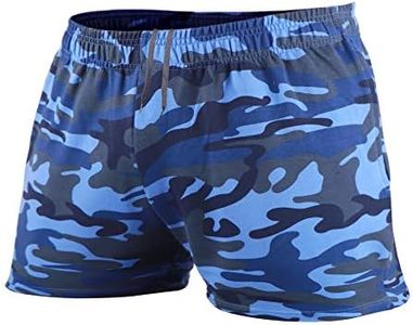 JEEING GEAR Men's Bodybuilding Gym Workout Fitness Shorts 3" Inseam Cotton with Pocket Blue Camo Color Size XL