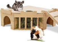 Fhiny Guinea Pig Wooden Castle with Hay Holder, Ventilated Chinchilla Hideout with Feeding Bowl Ladder, Small Animal Multi Chamber Hideaway for Young Guinea Pigs Chinchillas Hedgehogs