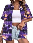 Zeagoo Lady Floral Print Haiwaii Shirt Casual Tropical Beach Shirt Short Sleeve Cool Button Down Blouse Top Purple Hawaiian M