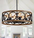 MEIXISUE Modern Farmhouse Drum Chandelier Black and Retro Wood Finish 6-Lights Round Metal Antique Vintage Chandelier Light Fixtures for Kitchen Dining Room Living Room Bedroom UL Listed