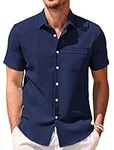 COOFANDY Men's Linen Dress Shirts Cuban Guayabera Shirts Vacation Hawaiian Shirts Untucked Shirts Navy