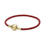 PANDORA Jewelry Moments Red Woven Leather Bracelet for Women - Charm Bracelet with 18k Gold-plated Shine Clasp - 7.5 , 1 Count (Pack of 1), Metal