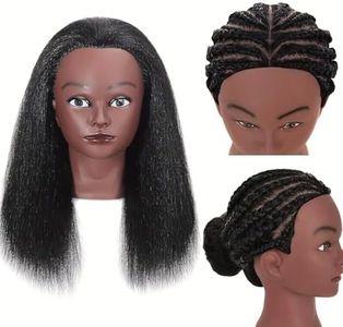 African Human Hair Mannequin Head for Braiding, 16 inch Cosmetology Manikin Doll Head with Real Hair for Styling Black Mannequin Head with Stand