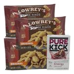 Lowrey's Microwave Pork Rinds (Chicharrones) 3 X (Net Wt 1.75 oz) includes 1 pkg of Pure Kick Black Cherry Pomegranete Energy drink mix 1 X (Net Wt .63 oz(18g) 6 sticks Plus Bonus Select Hockey Cards from Great Canadian Mercantile.