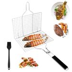 Stainless Steel Grill Basket for Fish Vegetables, Stainless Steel Fish Grill Basket, Portable Grill Fish Holder, Foldable BBQ Grill Basket, Fish Roaster, Foldable with Basting Brush, for Fish