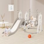 4-in-1 Toddler Slide and Swing Set with Extra Large Playground, Basketball Hoop & Climber, Indoor/Outdoor Playset, Castle Collection - Grey & White