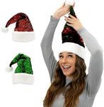 Plushible Santa Hat - Red & Green Flip Sequin Christmas Hats for Adults, Teens & Kids - Fun Winter Hats for Girls & Boys - Festive Holiday and Claus Costume Accessory Supplies - 18” x 12.5”