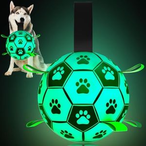 Amasiver Glow in The Dark Dog Toys - 8 inch Upgraded, Dog Soccer Ball with Straps, Interactive Light Up Dog Balls, World Cup Dog Football,Outdoor Dog Tug Toys for Medium & Large Dogs Birthday Gifts