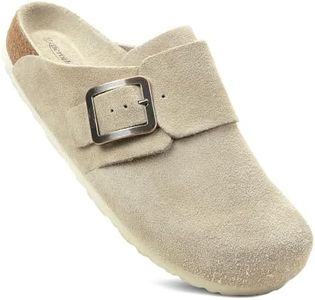 AEROTHOTIC Genuine Leather Clogs for Women with Arch Support Memory Foam Cork Footbed Indoor and Outdoor Adjustable Buckle Potato Shoes Comfortable Mules (Atlas Grey, Size 7-7.5)