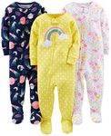 Simple Joys by Carter's Baby Girls' 3-Pack Snug-Fit Footed Cotton Pajamas, Dinosaur, Space, Rainbow, 12 Months